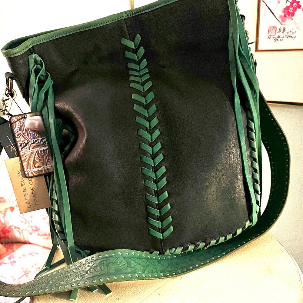 AMERICAN DARLING BLACK LEATHER TRIMMED IN TURQUOISE CONCEALED GUN CARRY PURSE